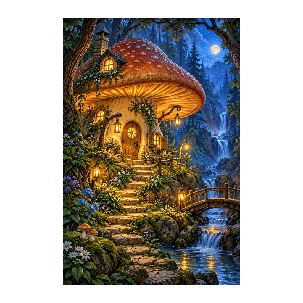 White-background original artwork of a lantern-lit mushroom cottage beside a waterfall