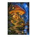 White-background original artwork of a lantern-lit mushroom cottage beside a waterfall