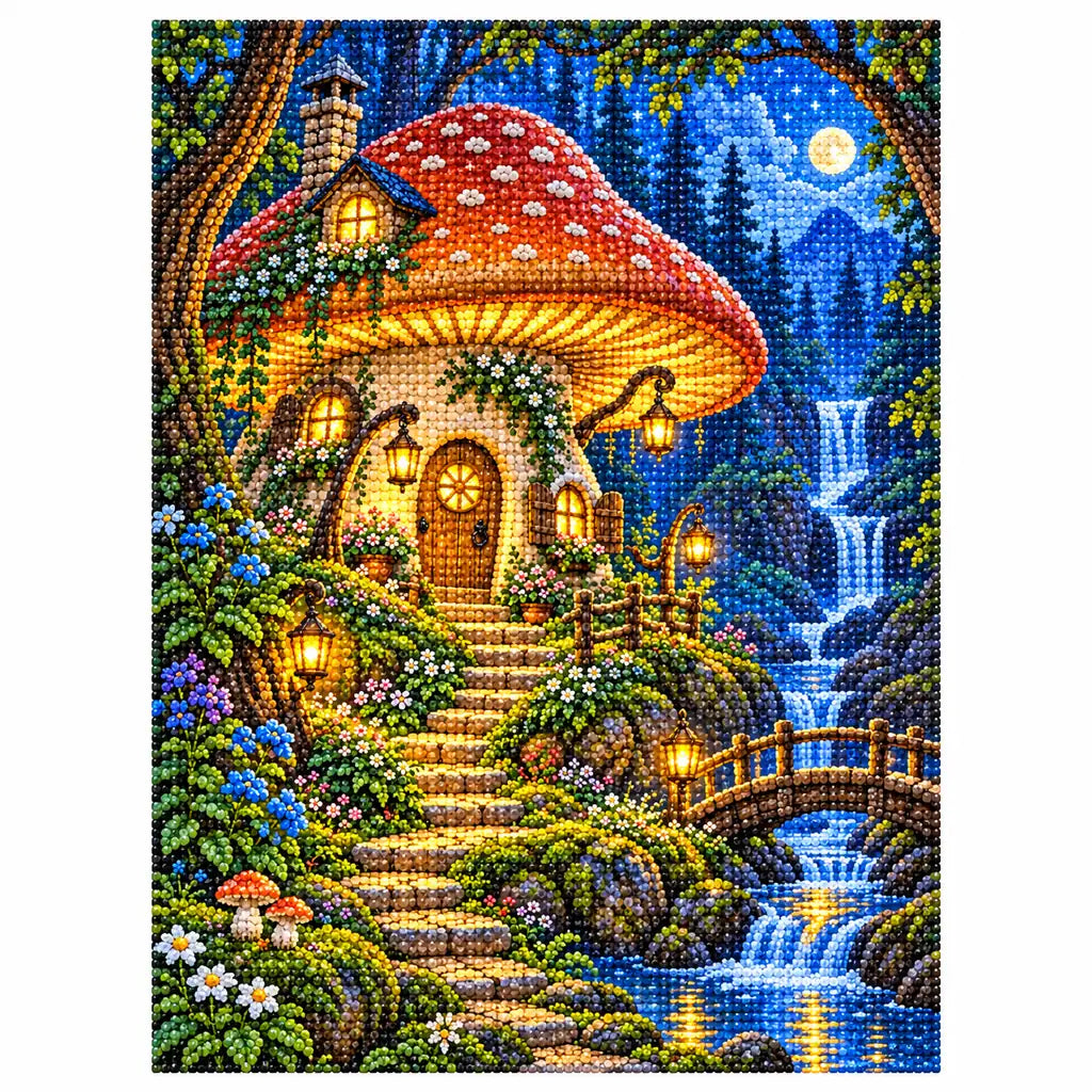 Finished diamond painting of a mushroom cottage and woodland waterfall on white