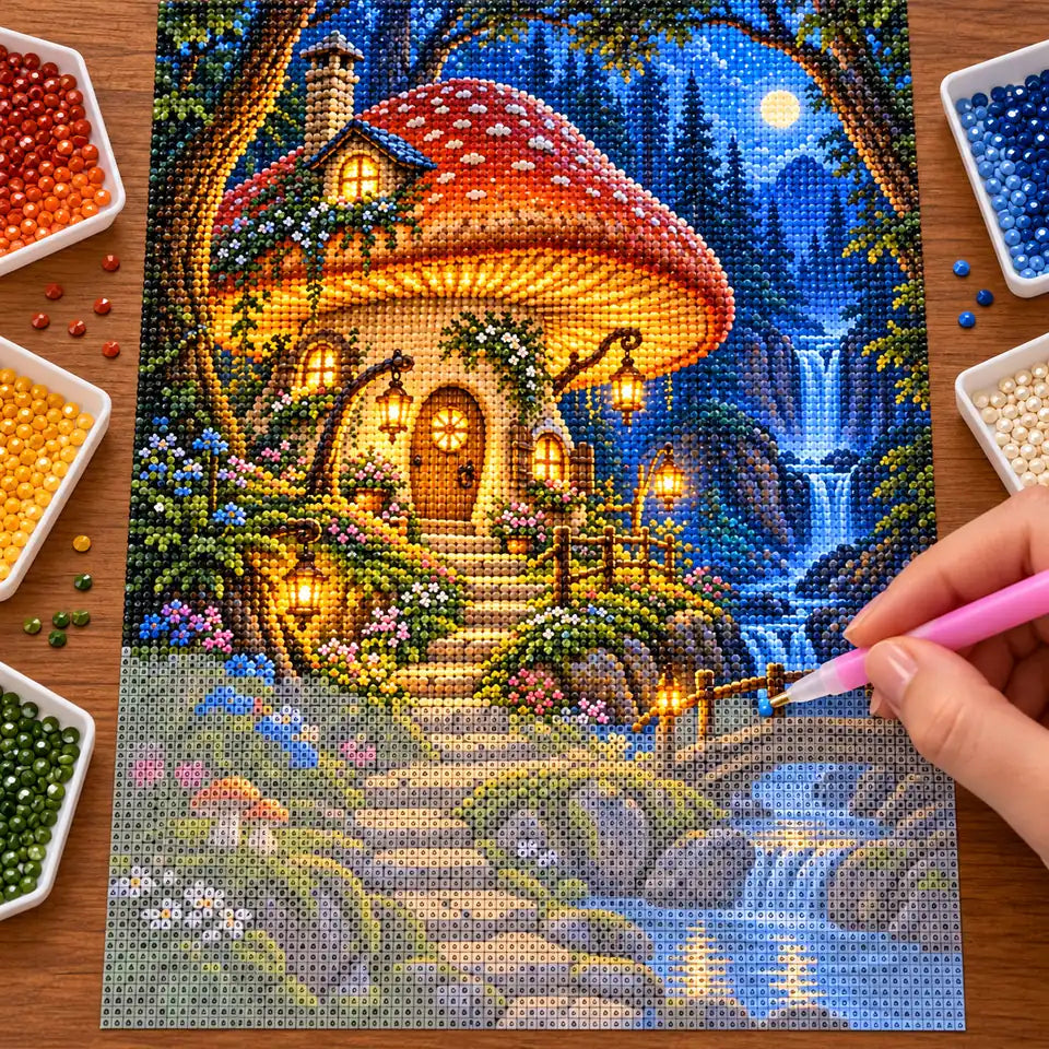 Hands applying drills to the lantern mushroom cottage diamond painting