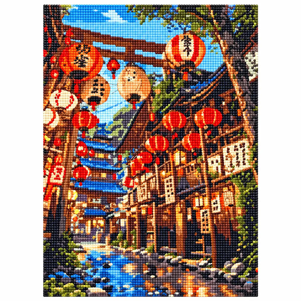 White-background finished diamond painting of Lanterns Along The Stream