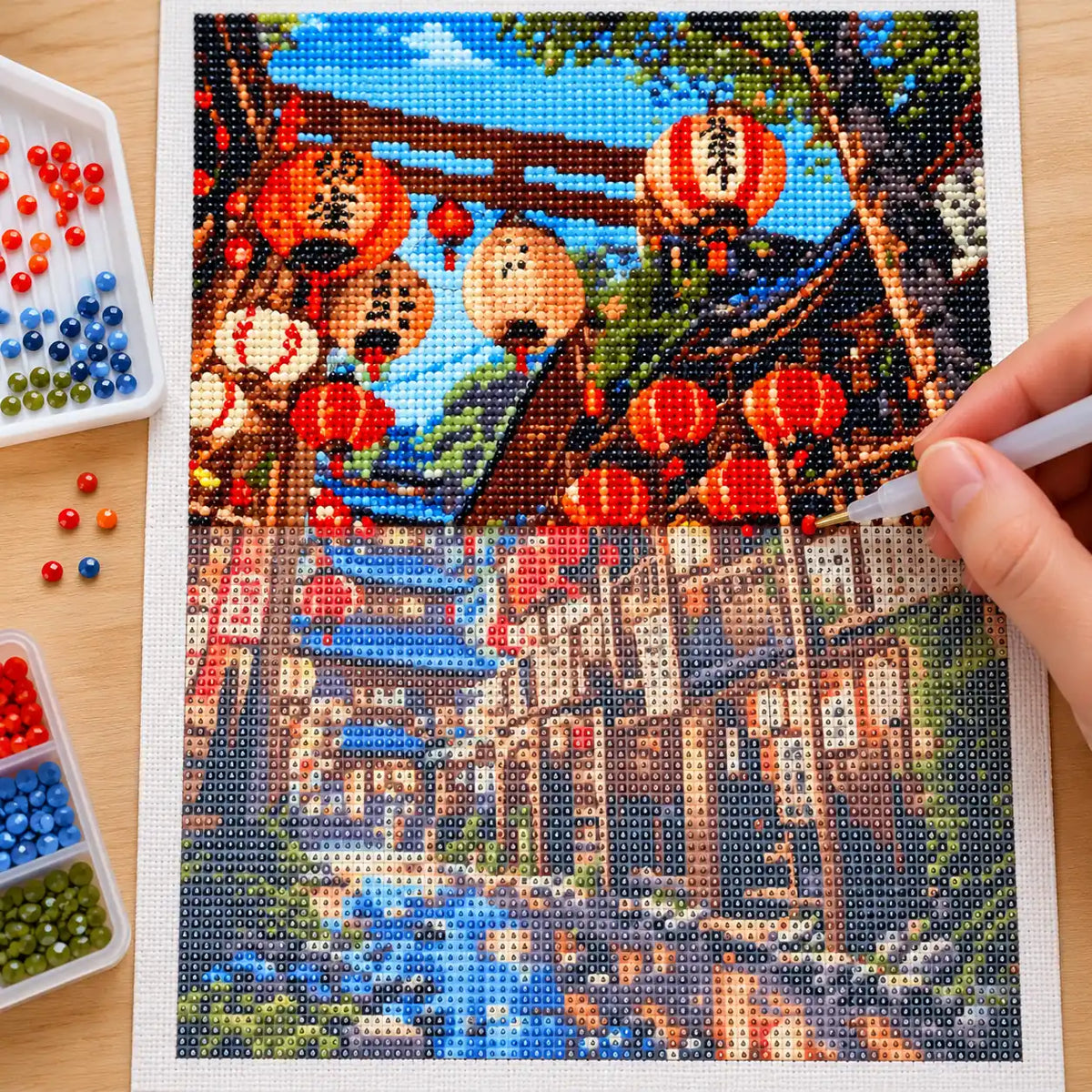Diamond painting process for Lanterns Along The Stream