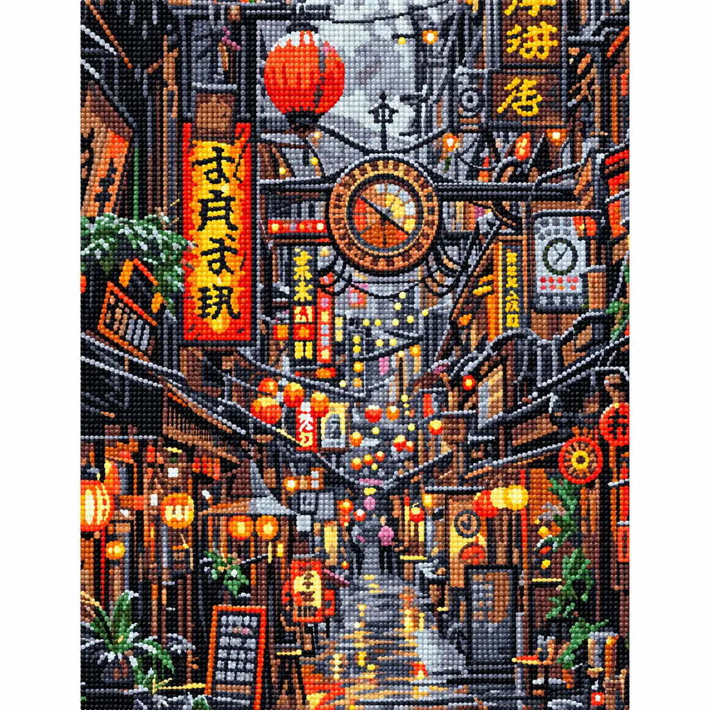 Finished diamond painting for Lanterns And Time In The Alley Diamond Painting Kit