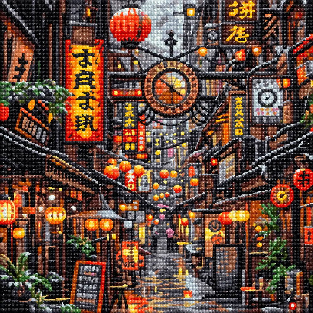 Diamond detail for Lanterns And Time In The Alley Diamond Painting Kit