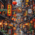 Diamond detail for Lanterns And Time In The Alley Diamond Painting Kit