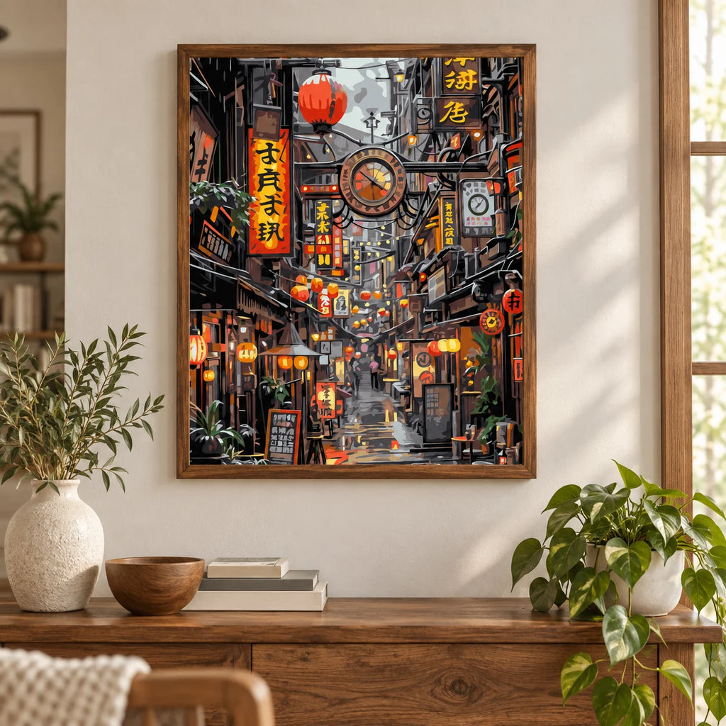 Home decor scene for Lanterns And Time In The Alley Diamond Painting Kit