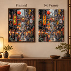 Framed and no-frame comparison for Lanterns And Time In The Alley Diamond Painting Kit