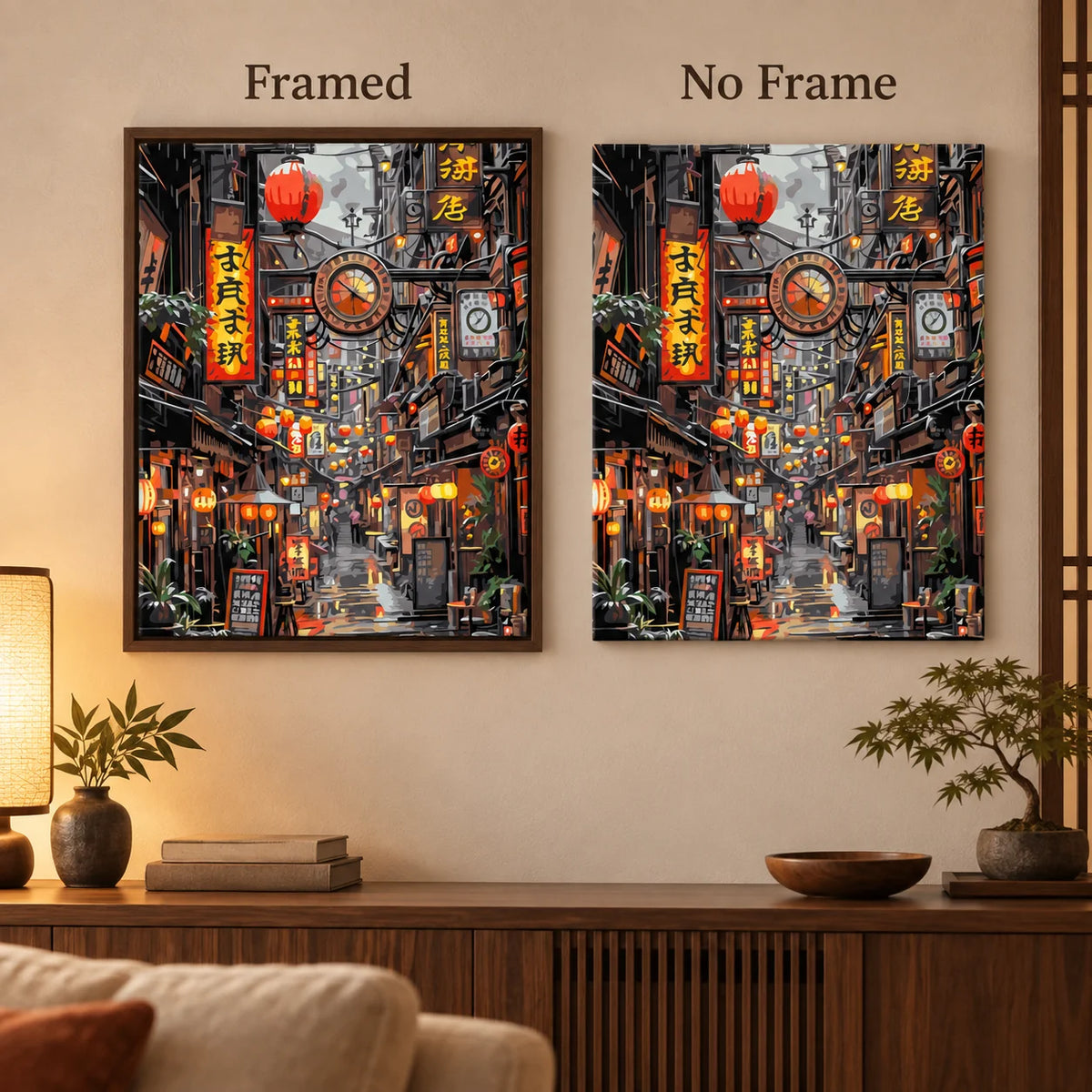Framed and no-frame comparison for Lanterns And Time In The Alley Diamond Painting Kit