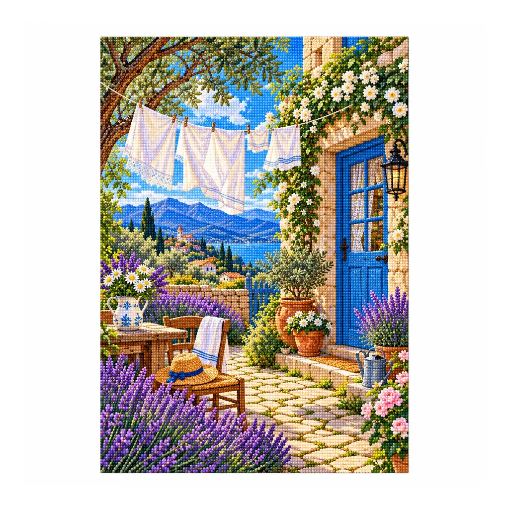 Finished white-background diamond painting of laundry drying beside a blue cottage door