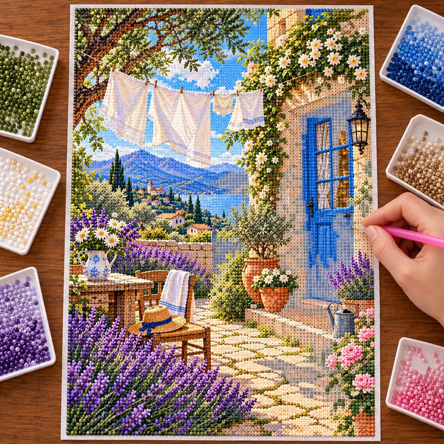 Hands placing drills on the clothesline garden diamond painting