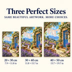 Laundry garden diamond painting shown in 20 by 30, 30 by 40, and 40 by 50 centimeter sizes