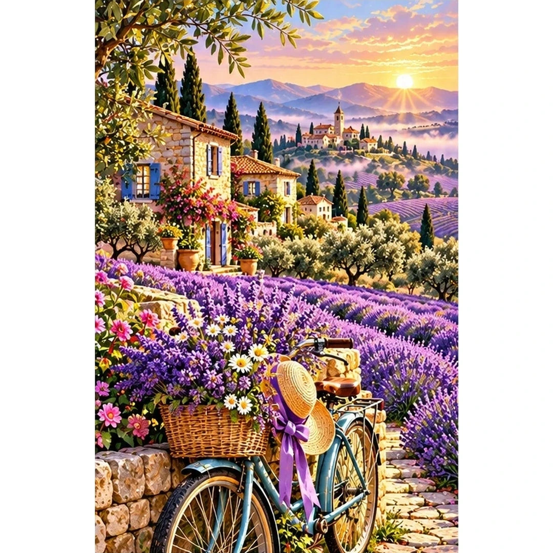 Lavender Bicycle French Village — original artwork on a clean white background