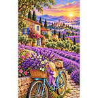 Lavender Bicycle French Village — finished diamond painting on a white background
