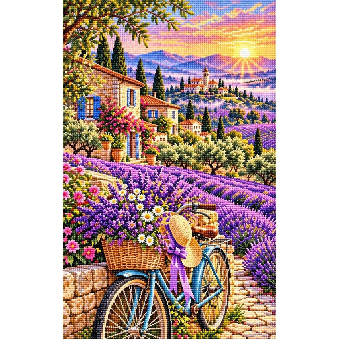 Lavender Bicycle French Village — finished diamond painting on a white background