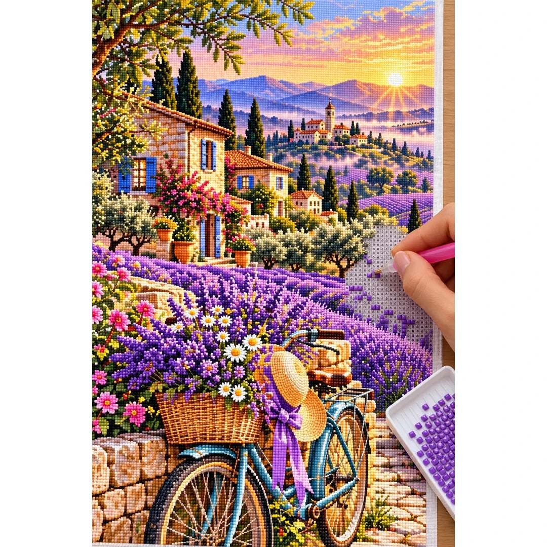 Lavender Bicycle French Village — diamond painting process with applicator pen