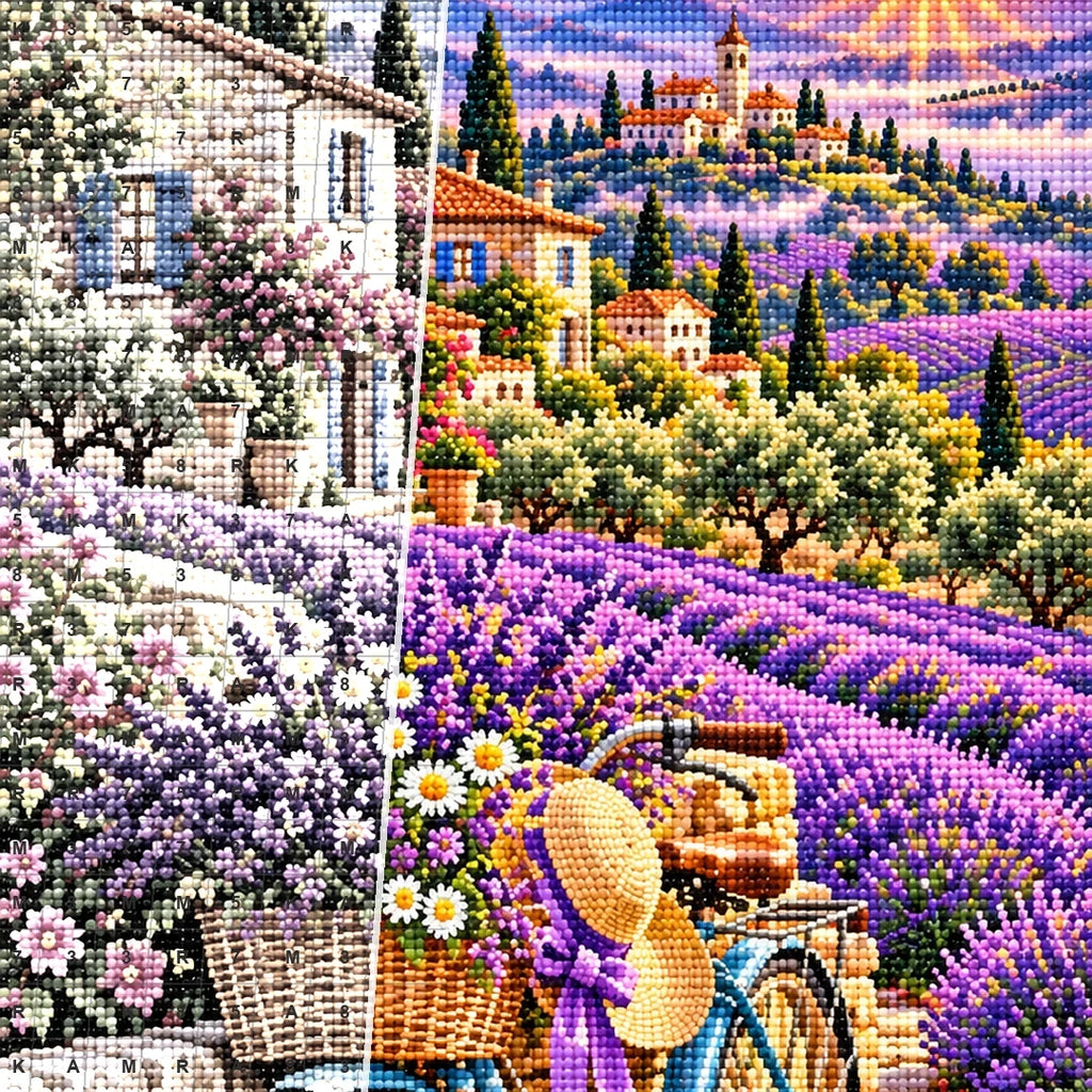 Lavender Bicycle French Village — close-up canvas and resin drill detail