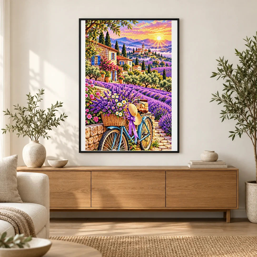 Lavender Bicycle French Village — finished diamond painting displayed in a home interior