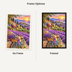 Lavender Bicycle French Village — No Frame and Framed style comparison