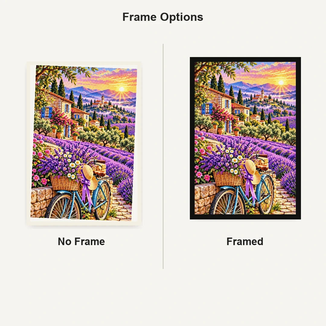 Lavender Bicycle French Village — No Frame and Framed style comparison