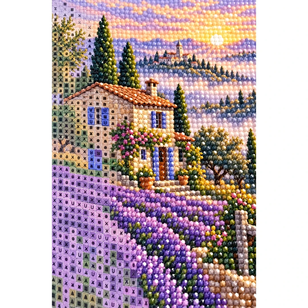 Lavender Cottage Sunset Diamond Painting Kit diamond and canvas detail