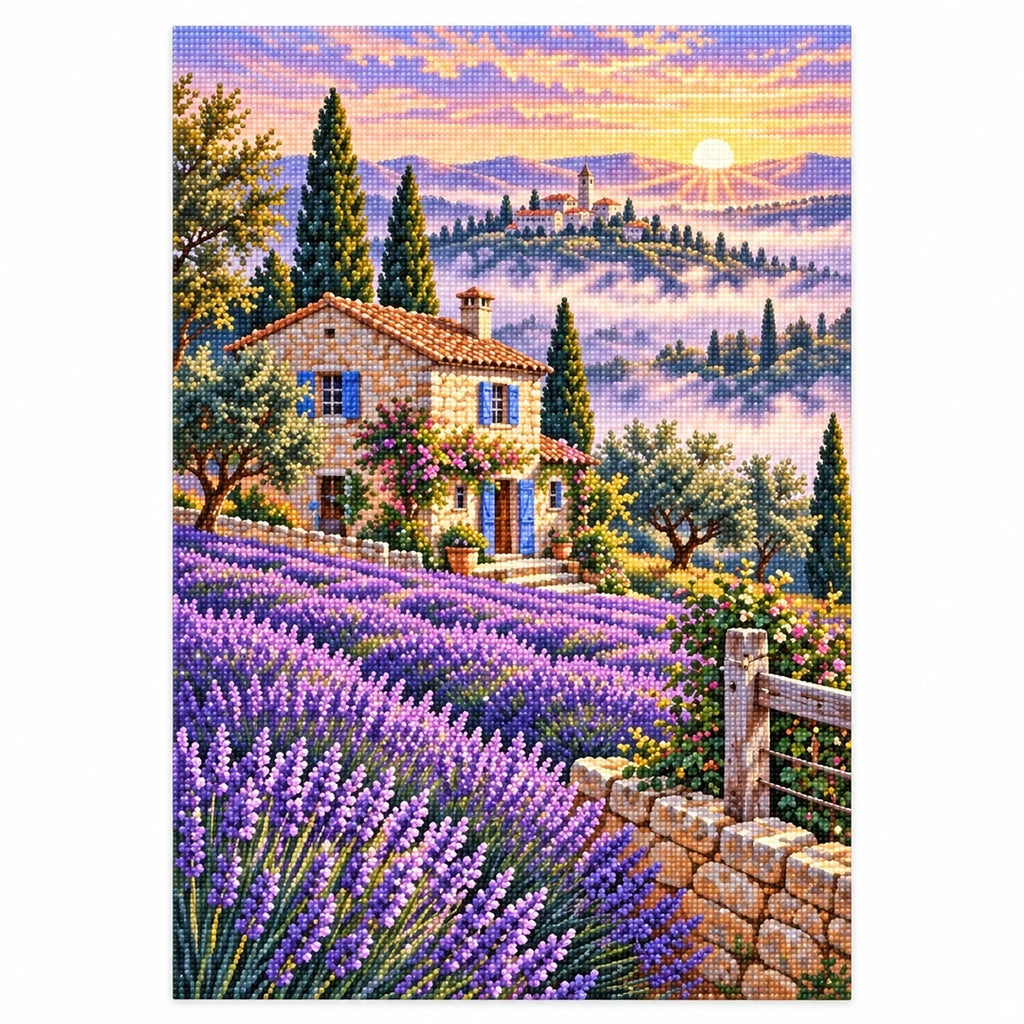 Lavender Cottage Sunset Diamond Painting Kit finished diamond artwork on white background