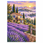 Lavender Cottage Sunset Diamond Painting Kit finished diamond artwork on white background