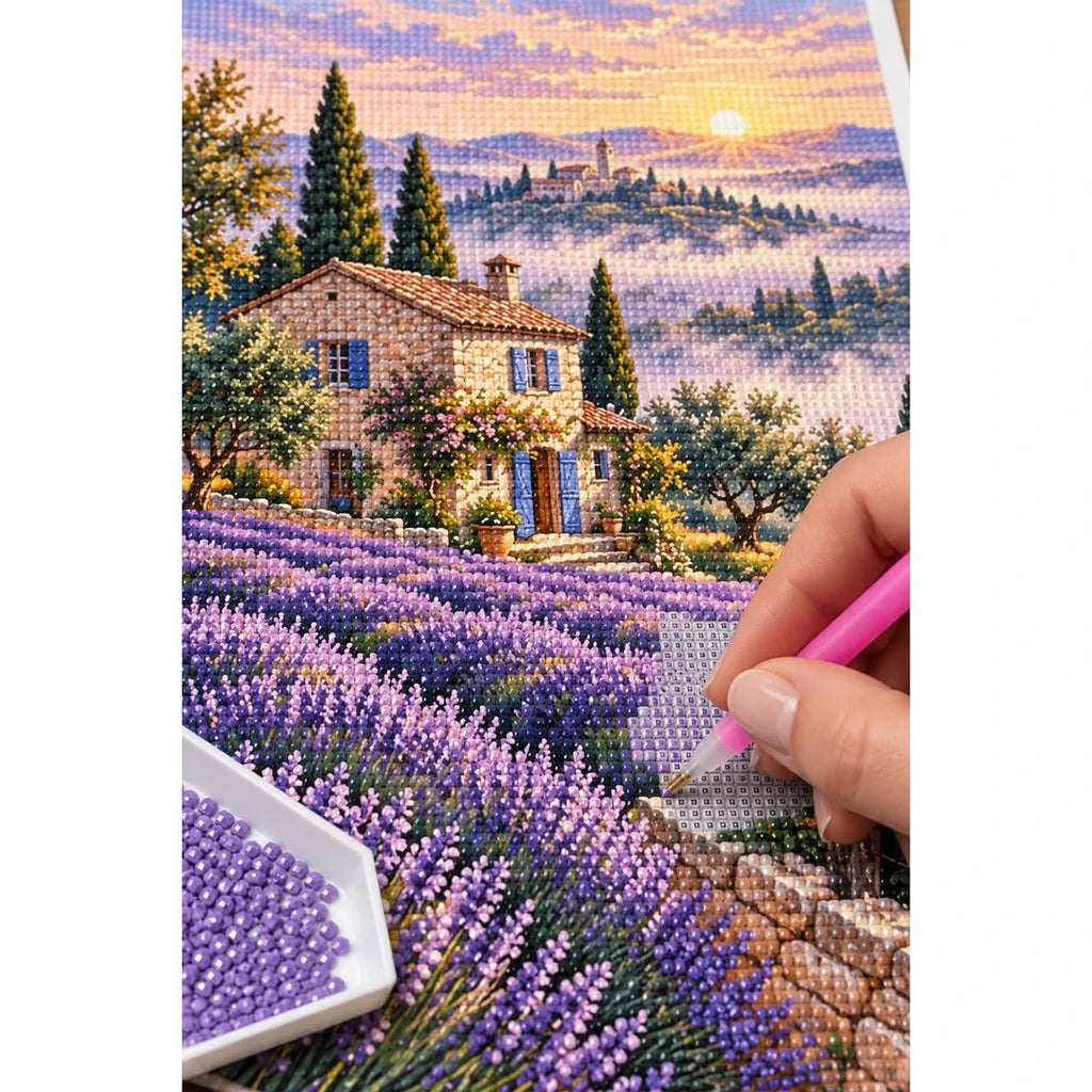 Lavender Cottage Sunset Diamond Painting Kit diamond placement process