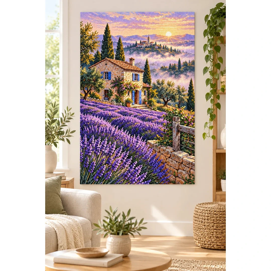 Lavender Cottage Sunset Diamond Painting Kit home decor scene
