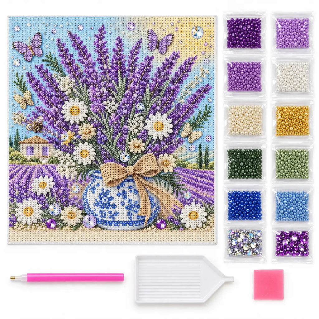 Lavender Daisy Vase Pearl Diamond Painting Kit – kit image