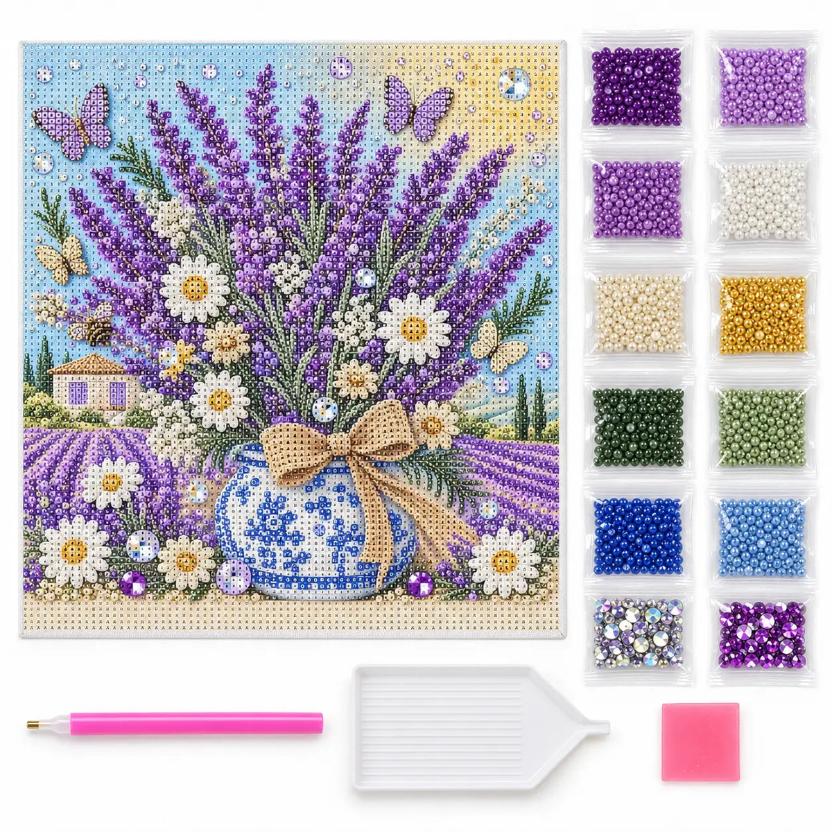 Lavender Daisy Vase Pearl Diamond Painting Kit – kit image