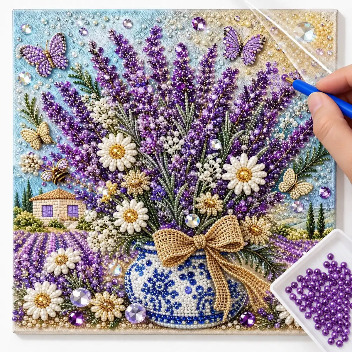 Lavender Daisy Vase Pearl Diamond Painting Kit – process image