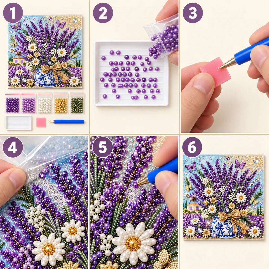 Lavender Daisy Vase Pearl Diamond Painting Kit – tutorial image