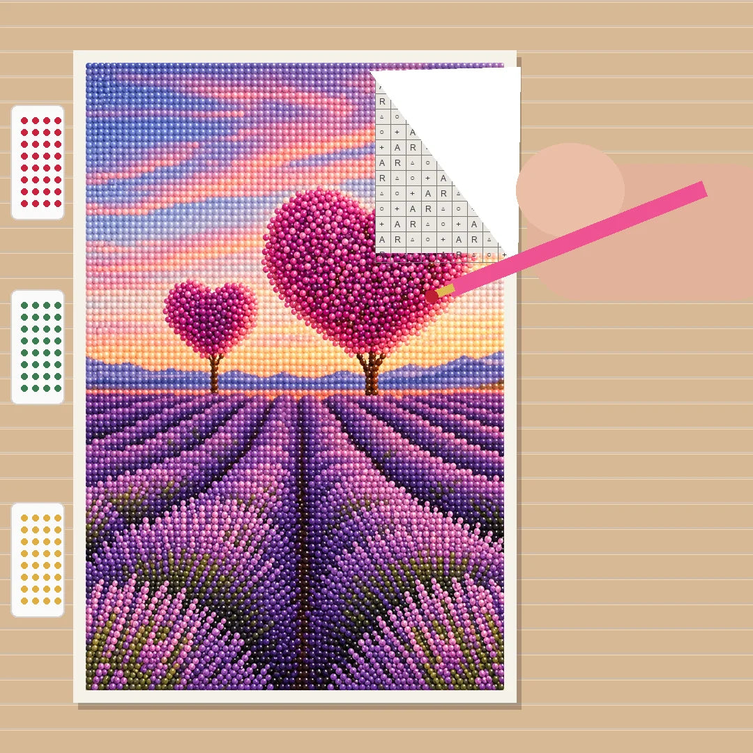 Lavender Heart Trees Diamond Painting Kit process view