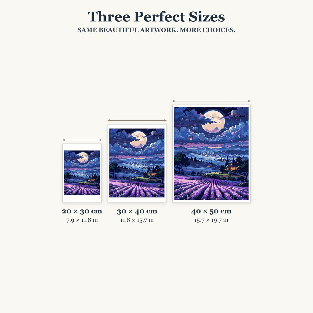 Size guide for Lavender Moonrise Flight Diamond Painting Kit