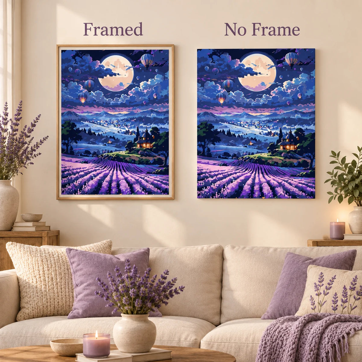 Framed and no-frame comparison for Lavender Moonrise Flight Diamond Painting Kit