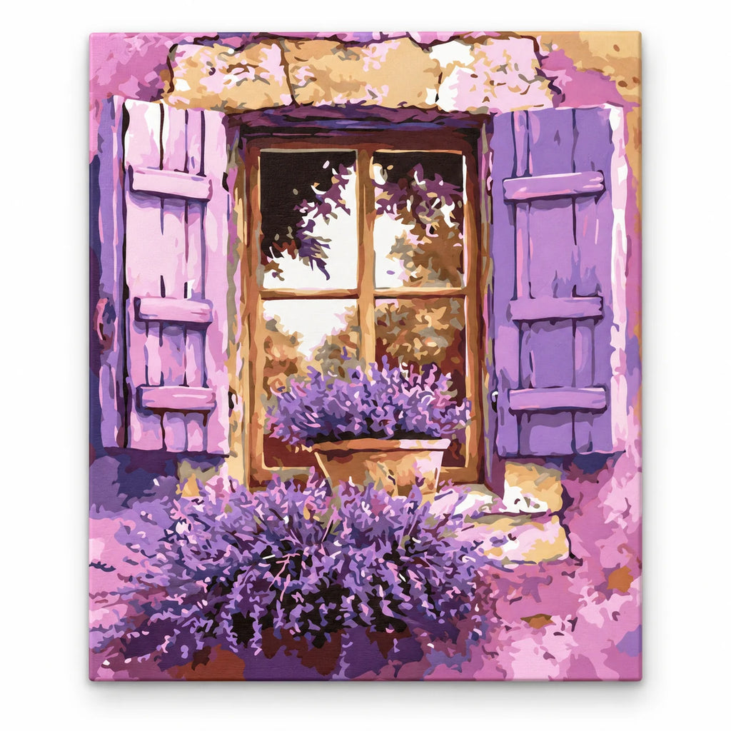 Lavender Window with Purple Shutters paint by numbers artwork on a front-facing canvas against a white background