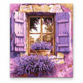 Lavender Window with Purple Shutters paint by numbers artwork on a front-facing canvas against a white background