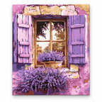 Lavender Window with Purple Shutters paint by numbers artwork on a front-facing canvas against a white background