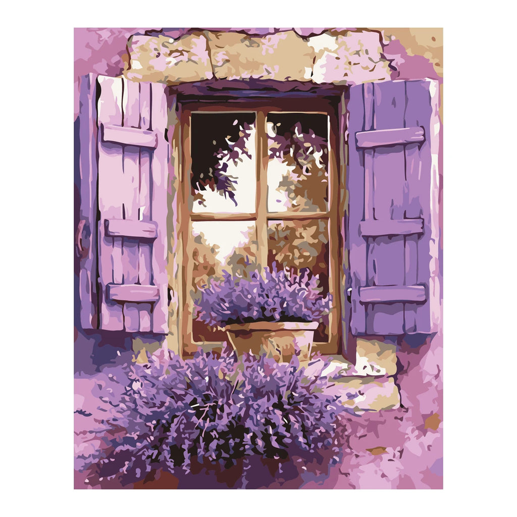 Lavender Window with Purple Shutters completed artwork on a clean white background
