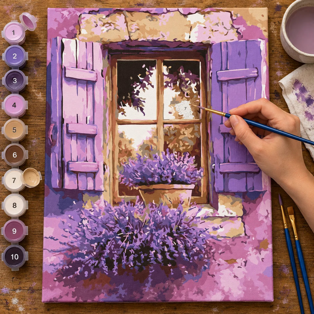 Complete Lavender Window with Purple Shutters numbered canvas being painted with acrylic paints and brushes