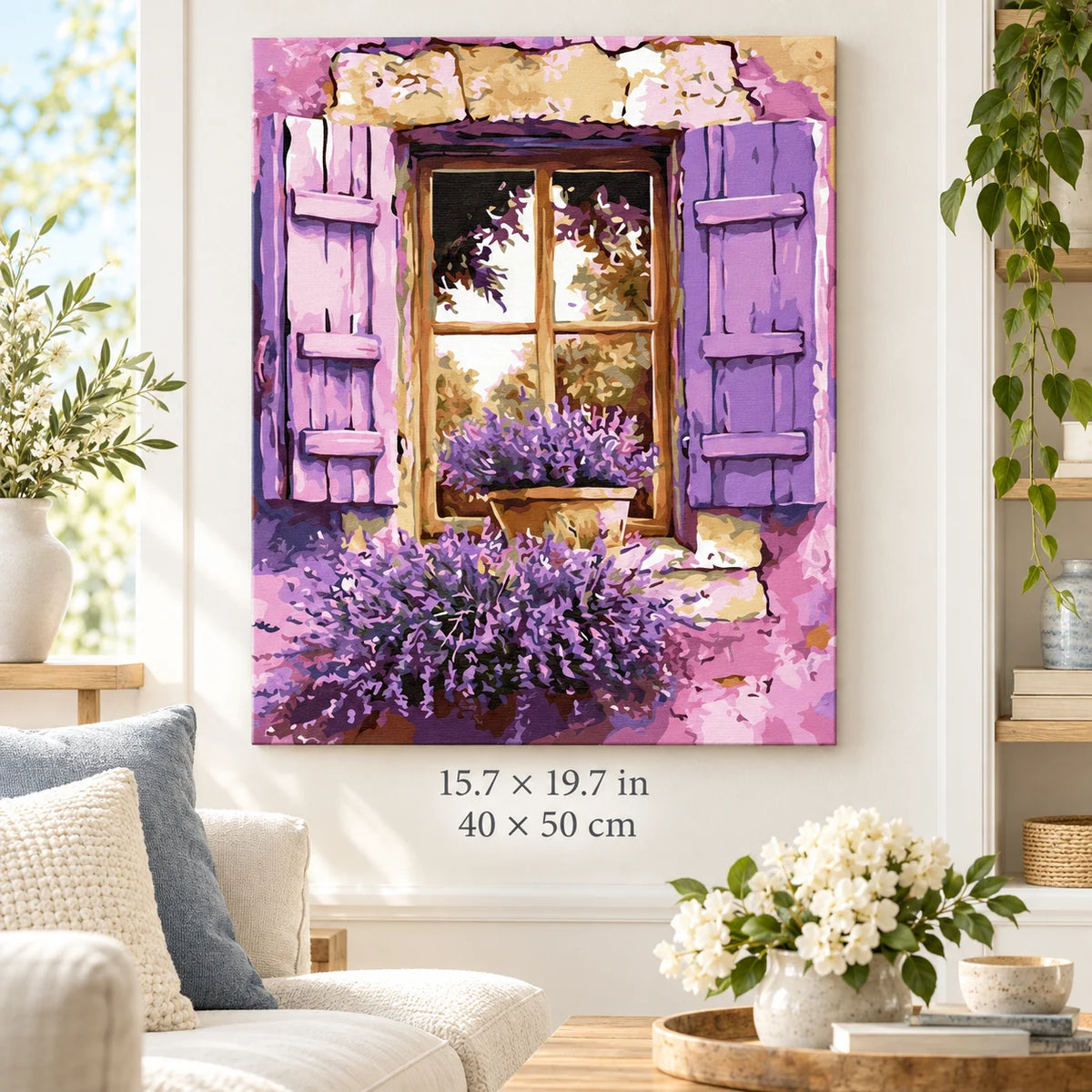 Lavender Window with Purple Shutters shown in a styled room with 15.7 × 19.7 in and 40 × 50 cm dimensions