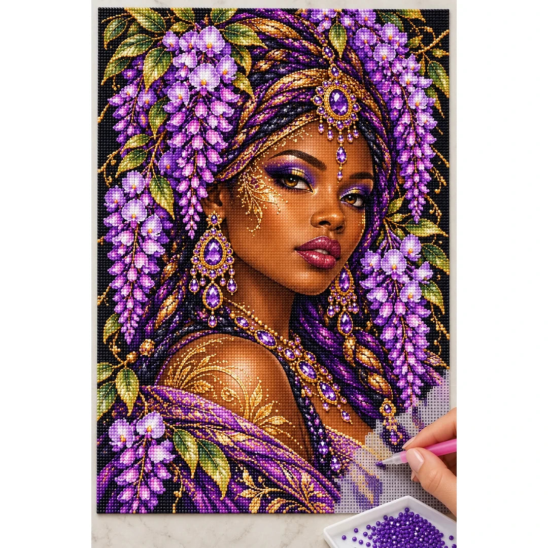 Lavender Wisteria Queen diamond painting process with pen and tray