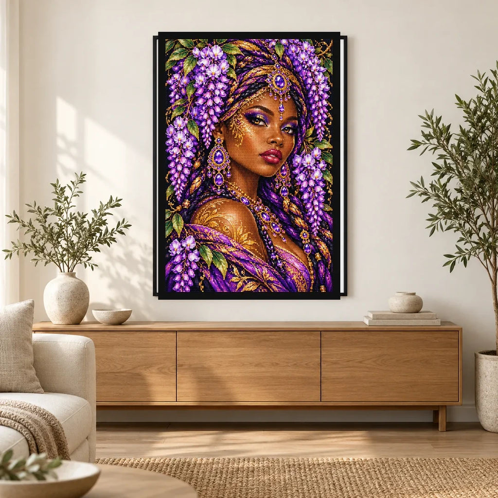 Lavender Wisteria Queen finished diamond painting in a home interior