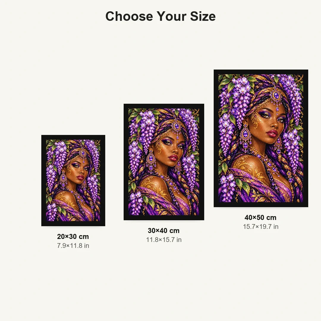 Lavender Wisteria Queen 20 by 30, 30 by 40, and 40 by 50 centimeter size guide