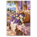 A woven basket filled with lavender and wildflowers: original artwork on a white background