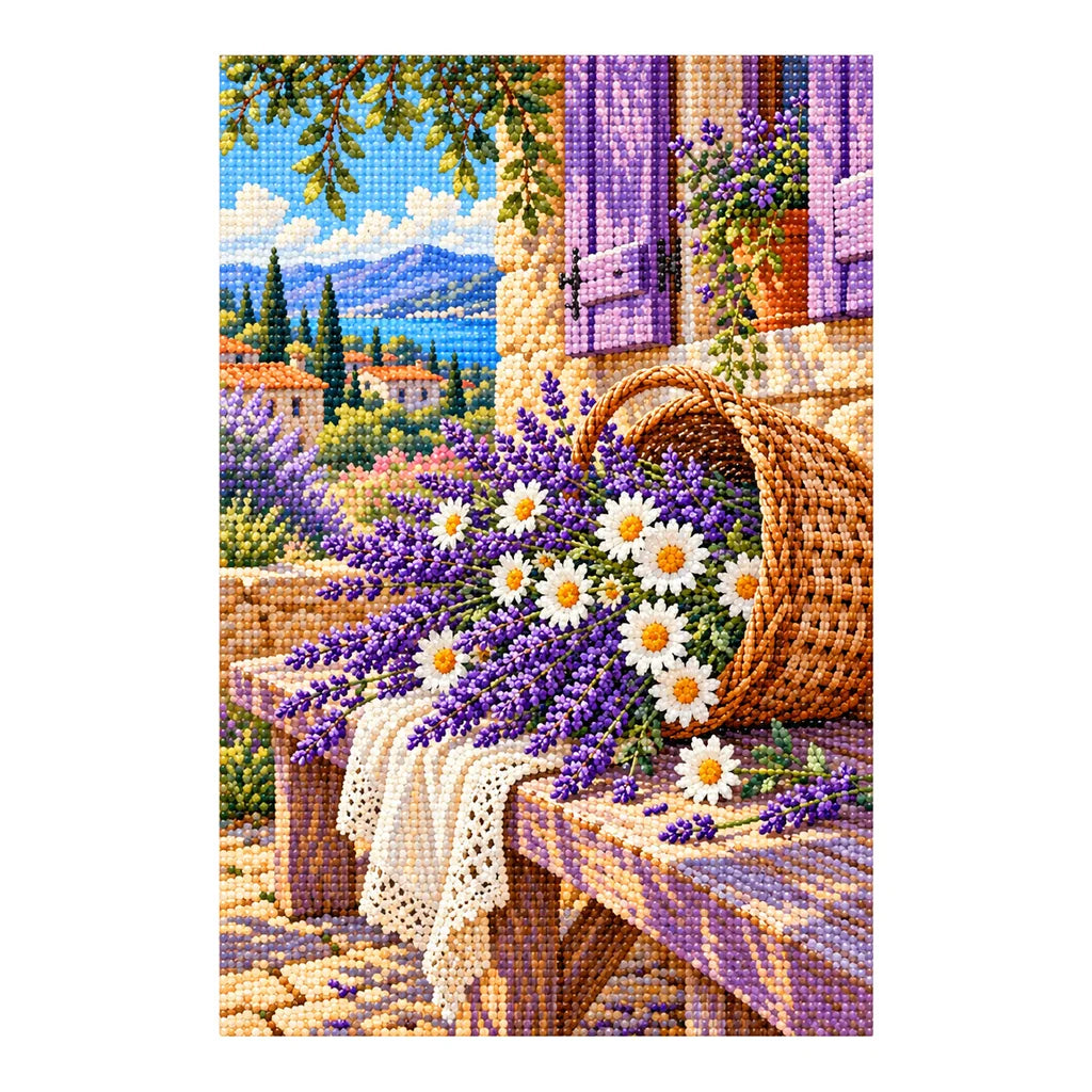 A woven basket filled with lavender and wildflowers: finished diamond painting on a white background