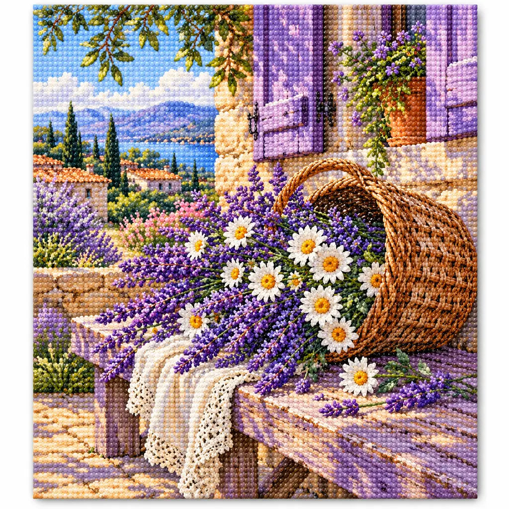 A woven basket filled with lavender and wildflowers: finished diamond painting on a white background