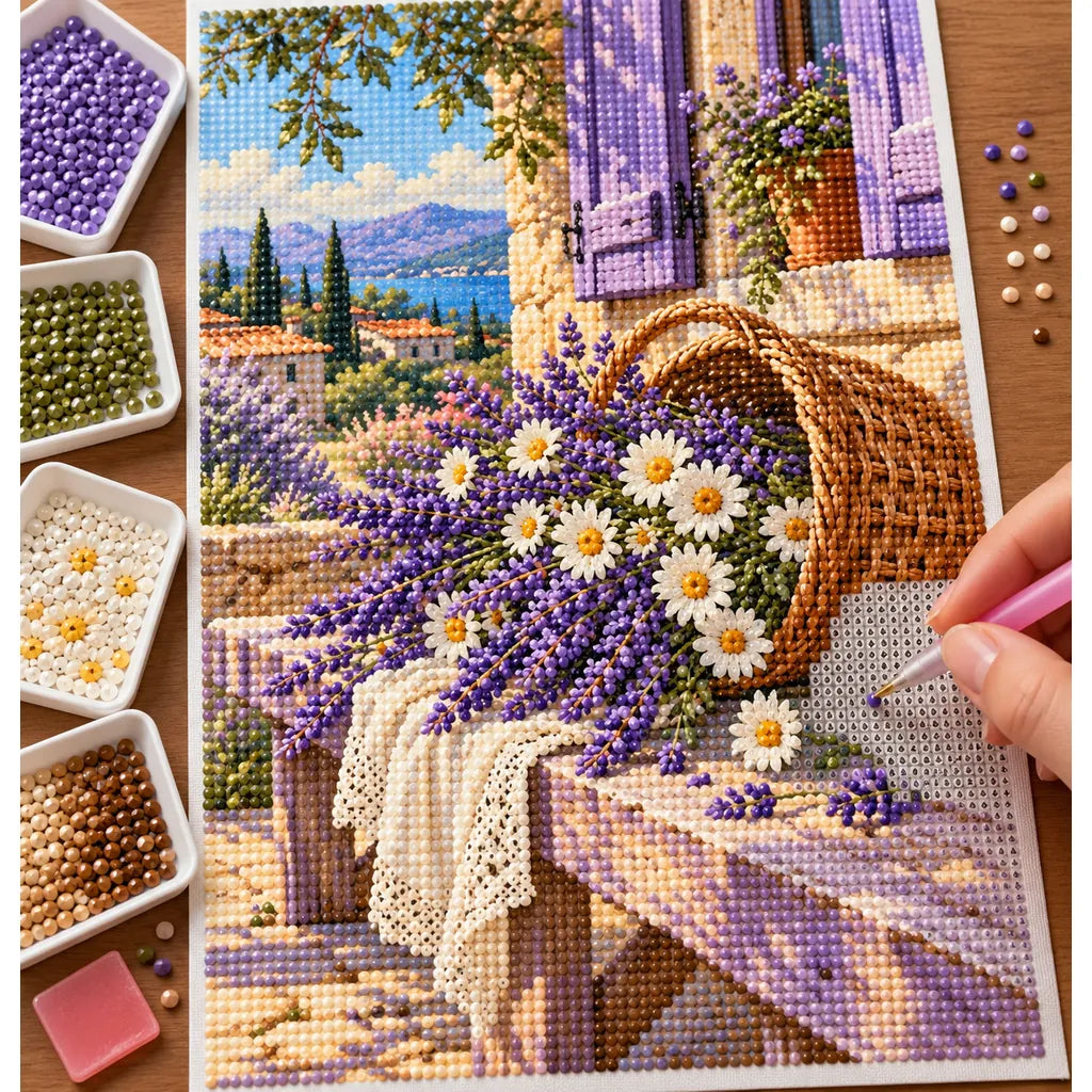 A woven basket filled with lavender and wildflowers: diamond painting being completed with a pen