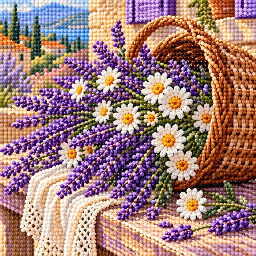 A woven basket filled with lavender and wildflowers: close-up of diamond drills