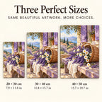 A woven basket filled with lavender and wildflowers: size guide showing three available dimensions